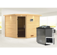 Massivholzsauna Karibu Leona inkl. 9 kW Bio Ofen u.ext.Steuerung mit Dachkranz und graphitfarbeneer Ganzglastüre