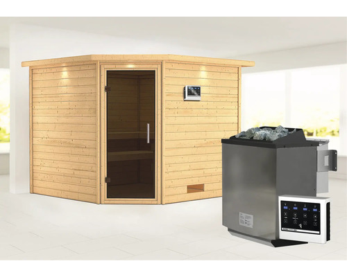 Sauna en bois massif Karibu Leona avec poêle bio 9 kW et commande externe avec couronne et porte entièrement vitrée couleur graphite