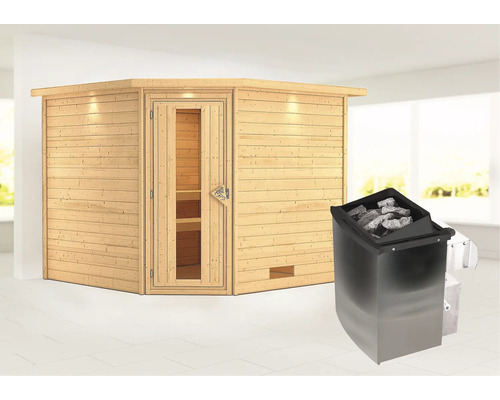 Sauna en bois massif Karibu Leona avec poêle 9 kW et commande intégrée avec couronne et porte en bois avec verre à isolation thermique