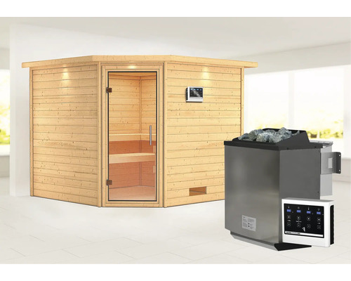 Sauna en bois massif Karibu Leona avec poêle bio 9 kW et commande externe avec couronne et porte entièrement vitrée en verre transparent