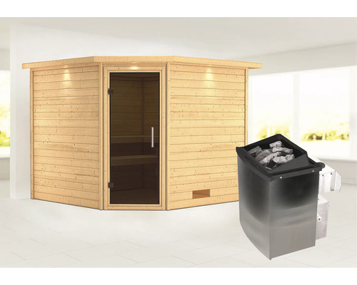 Sauna en bois massif Karibu Leona avec poêle 9 kW et commande intégrée avec couronne et porte entièrement vitrée couleur graphite