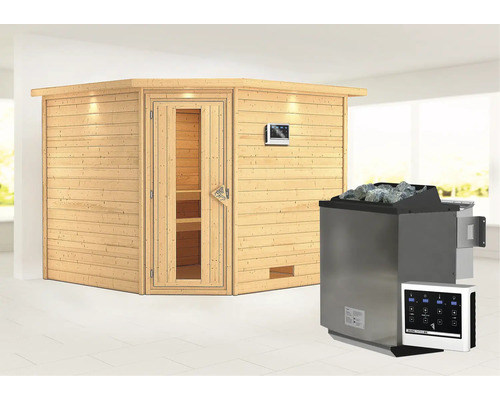 Sauna en bois massif Karibu Leona avec poêle bio 9 kW et commande externe avec couronne et porte en bois avec verre à isolation thermique