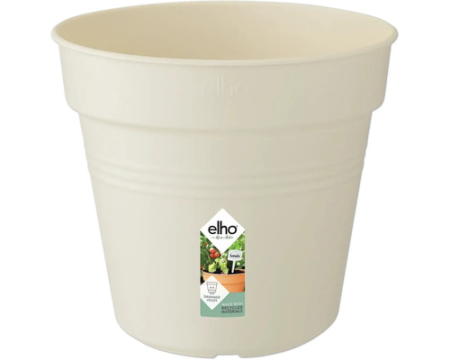 Pot de fleurs en plastique avec le logo Elho et la mention ''Fabriqué à partir de matériaux recyclés''.