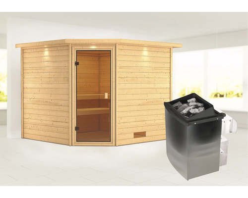 Sauna en bois massif Karibu Leona avec poêle 9 kW et commande intégrée avec couronne et porte entièrement vitrée couleur bronze