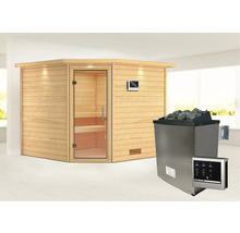 Sauna en bois avec porte en verre et poêle de sauna avec pierres