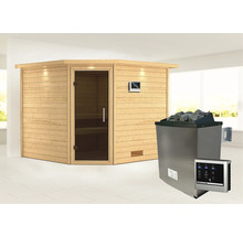 Massivholzsauna Karibu Leona inkl.9 kW Ofen u.ext.Steuerung mit Dachkranz und graphitfarbeneer Ganzglastüre