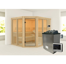 Sauna d''angle en bois avec porte en verre et poêle de sauna