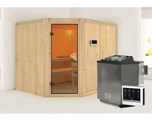 Sauna d''angle avec porte en verre, panneau de commande et poêle de sauna avec pierres