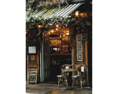 Vue extérieure d''un restaurant avec table et chaises