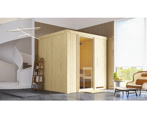 Sauna Plug & Play Karibu Maria sans poêle ni couronne, avec porte entièrement vitrée transparente