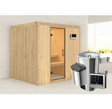 Sauna en bois avec porte en verre et poêle de sauna