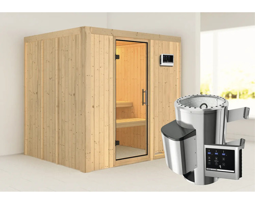 Sauna Plug & Play Karibu Maria avec poêle 3,6 kW et commande externe sans couronne et avec porte entièrement vitrée transparente Sauna Plug & Play Karibu Maria avec poêle 3,6 kW et commande externe sans couronne et avec porte entièrement vitrée transparente