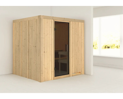 Sauna Plug & Play Karibu Maria sans poêle ni couronne, avec porte entièrement vitrée coloris graphite