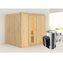 Holzsauna mit Glastür und Saunaofen