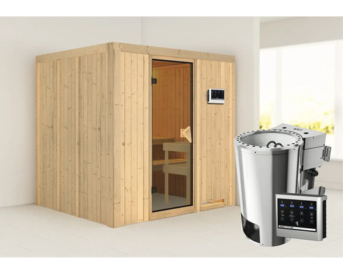 Sauna Plug & Play Karibu Maria avec poêle bio 3,6 kW et commande ext. sans couronne avec porte entièrement vitrée coloris bronze