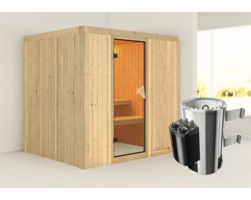 Sauna Plug & Play Karibu Maria avec poêle 3,6 kW et commande intégrée sans couronne avec porte entièrement vitrée coloris bronze