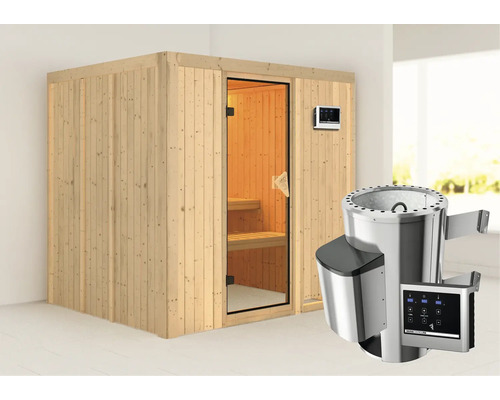 Sauna Plug & Play Karibu Maria avec poêle 3,6 kW et commande ext. sans couronne avec porte entièrement vitrée coloris bronze