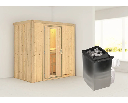 Elementsauna Karibu Mariado inkl. 9 kW Ofen u.integr.Steuerung ohne Dachkranz mit Holztüre und Isolierglas wärmegedämmt Elementsauna Karibu Mariado inkl. 9 kW Ofen u.integr.Steuerung ohne Dachkranz mit Holztüre und Isolierglas wärmegedämmt