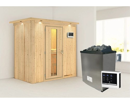 Sauna modulaire Karibu Mariado avec poêle 9 kW et commande ext. avec couronne et porte en bois avec verre à isolation thermique Sauna modulaire Karibu Mariado avec poêle 9 kW et commande ext. avec couronne et porte en bois avec verre à isolation thermique