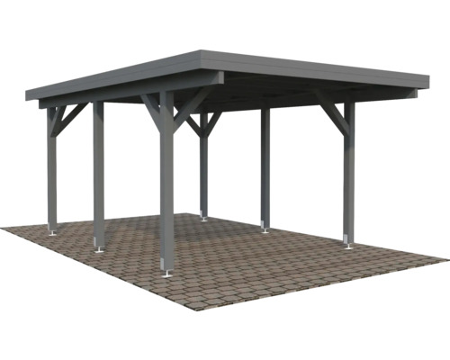 Grauer Holzcarport mit Flachdach auf gepflastertem Untergrund