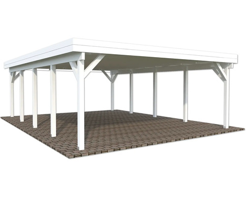 Weißes Holzcarport mit rechteckigen Stützpfosten