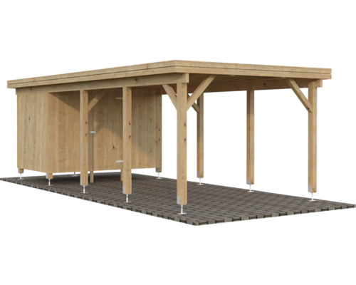Carport simple Palmako Karl 23,1 m² avec abri à outils 315 x 732 cm apprêt par immersion marron Carport en bois avec local de rangement pour les outils de jardin et pour protéger une voiture