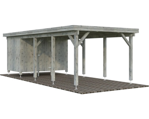 Carport simple Palmako Karl 23,1 m² avec abri à outils 315 x 732 cm apprêt par immersion gris Carport en bois avec débarras