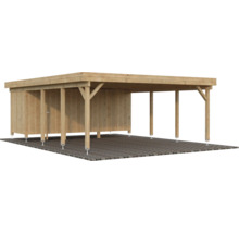 Holzcarport mit Abstellraum auf Pflastersteinen