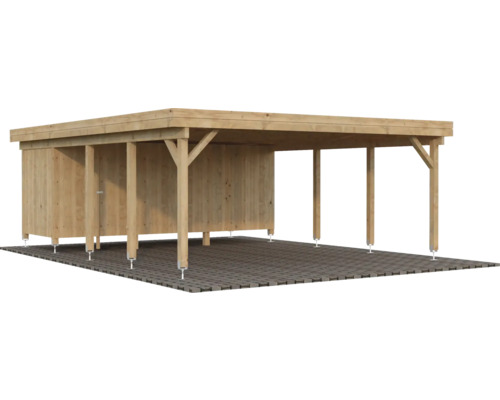 Holzcarport mit Abstellraum auf Pflastersteinen