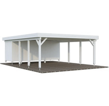 Carport en bois blanc avec toit plat et parois latérales pour une protection supplémentaire.