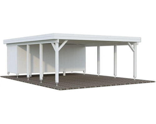 Carport double Palmako Karl 40,6 m² avec abri à outils 555 x 732 cm apprêté blanc Carport en bois blanc avec toit plat et parois latérales pour une protection supplémentaire.