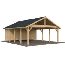 Holzgarage mit Satteldach und Geräteschuppen