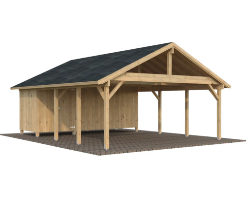 Holzgarage mit Satteldach und Geräteschuppen