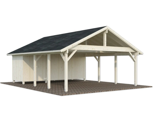 Holzcarport mit Geräteschuppen und Satteldach