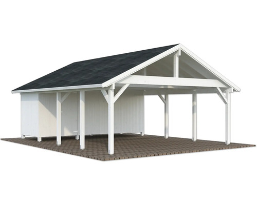 Carport double Palmako Robert 40,6 m² avec abri à outils 555 x 363 cm apprêté blanc Abri de voiture en bois avec local de rangement