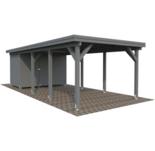 Grauer Holzcarport mit Geräteschuppen
