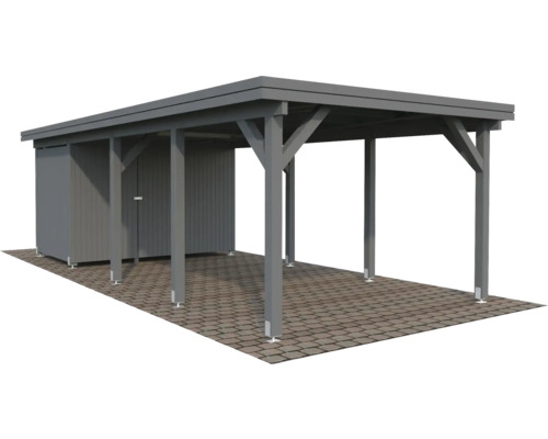 Carport simple Palmako Karl 23,1 m² avec abri à outils 315 x 732 cm gris foncé Abri de voiture en bois gris avec remise à outils