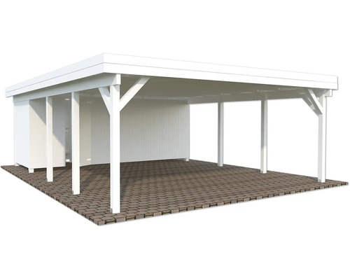 Weißer Carport mit Gerätehaus aus Holz