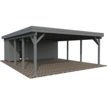 Grauer Carport mit Geräteschuppen