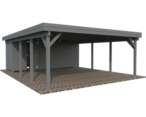 Carport double Palmako Karl 40,6 m² avec abri à outils 555 x 732 cm gris foncé Abri de voiture gris avec remise à outils