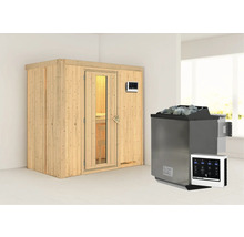 Holzsauna mit Saunaofen und Steuerungseinheit in einem hellen Raum