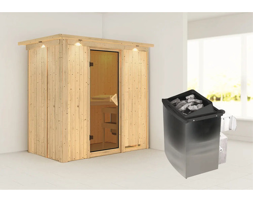 Elementsauna Karibu Mariado inkl. 9 kW Ofen u.integr.Steuerung mit Dachkranz und bronzierter Ganzglastüre Elementsauna Karibu Mariado inkl. 9 kW Ofen u.integr.Steuerung mit Dachkranz und bronzierter Ganzglastüre
