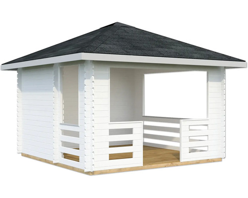 Pavillon de jardin en bois blanc avec toit en bitume