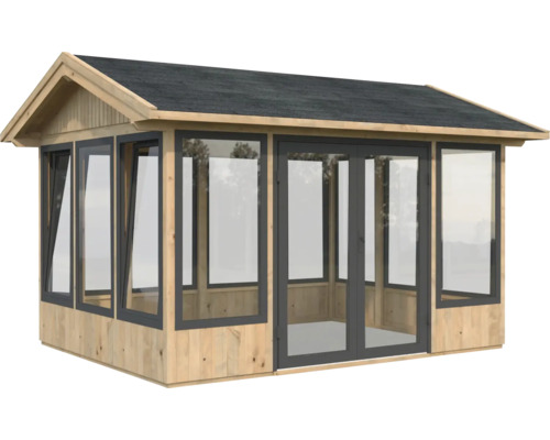 Pavillon Palmako Isabella 10,9 m² 401 x 303 cm imprégné par immersion marron Abri de jardin avec portes en verre et baies vitrées