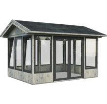 Abri de jardin en bois avec façade en verre et toit foncé
