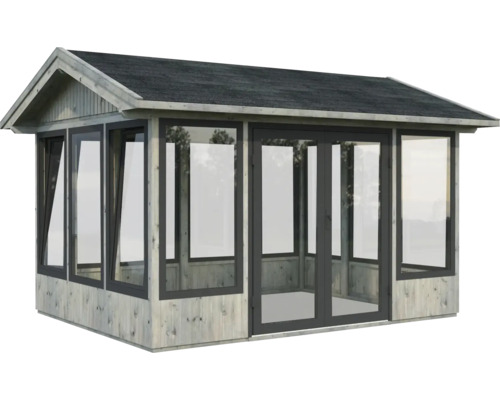 Pavillon Palmako Isabella 10,9 m² 401 x 303 cm imprégné par immersion gris Abri de jardin en bois avec façade en verre et toit foncé