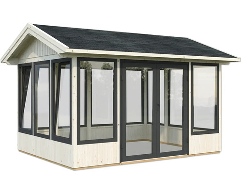 Holzgartenhaus mit Glasfenstern und Türen