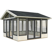 Pavillon de jardin avec portes en verre et toit à deux pans