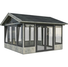 Pavillon de jardin avec cadre en bois, façade vitrée et double porte