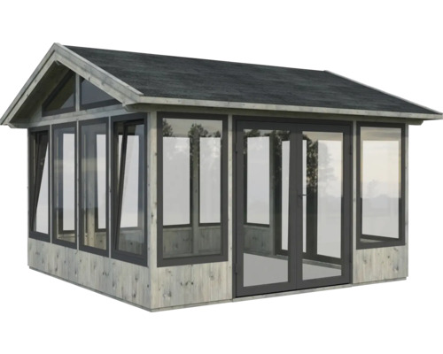 Pavillon Palmako Isabella 14,7 m² 401 x 401 cm imprégné par immersion gris Pavillon de jardin avec cadre en bois, façade vitrée et double porte